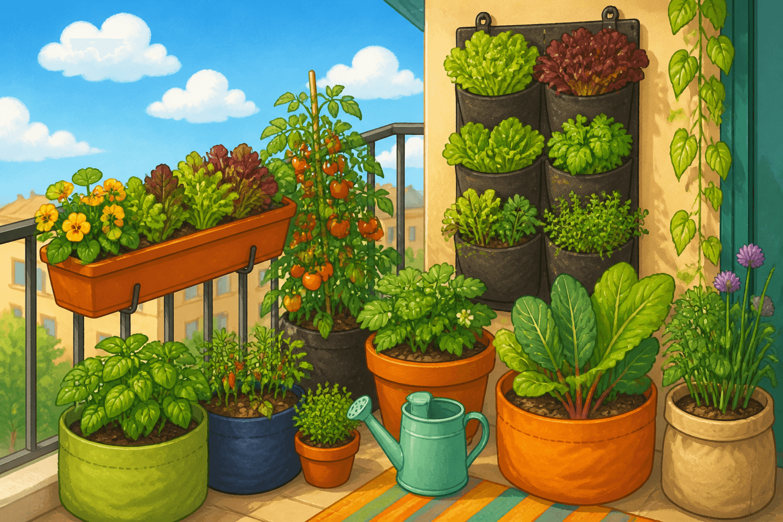 Cartoon of a balcony packed with pots, railing planters, and a vertical pocket garden