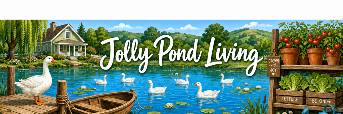 Jolly Pond Living: a wooden dock, geese on the pond, and a garden stand of lettuce and tomatoes